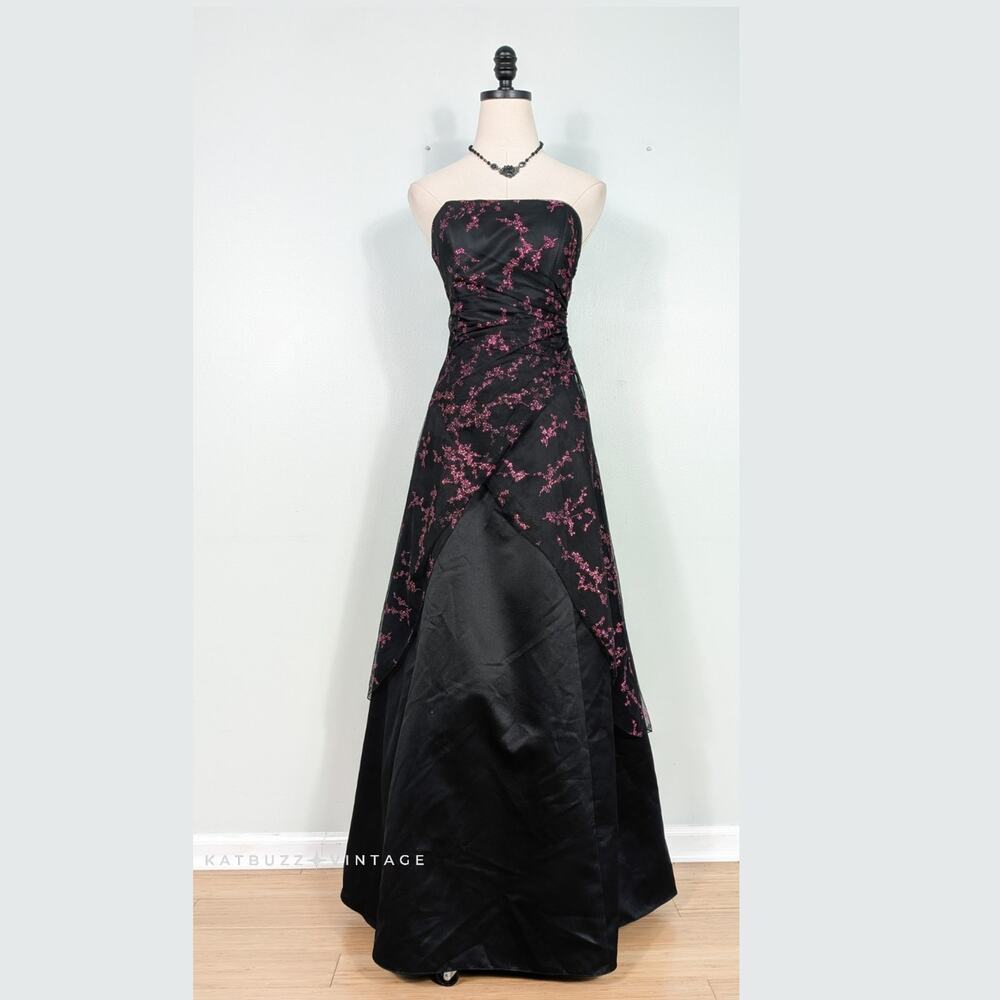 Vintage Jump Prom Dress Maxi Gown 10 Black Pink Strapless Princess Goth Tulle